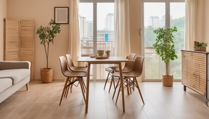 Beige home living room interior with eating table and relax zone, window