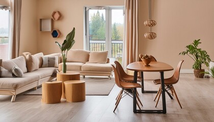 Beige home living room interior with eating table and relax zone, window