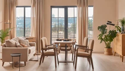 Obraz premium Beige home living room interior with eating table and relax zone, window
