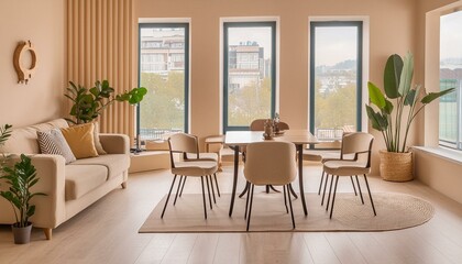 Beige home living room interior with eating table and relax zone, window