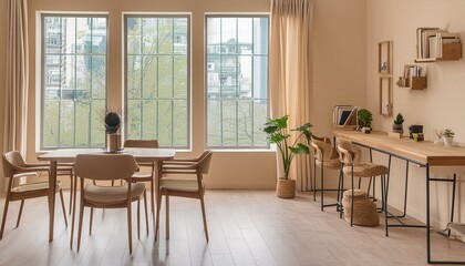 Beige home living room interior with eating table and relax zone, window