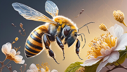 a stunning bee is flying, isolated on transparent background, macro, incredible pollinator - Powered by Adobe