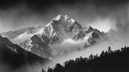A mountain range covered in snow with a foggy sky