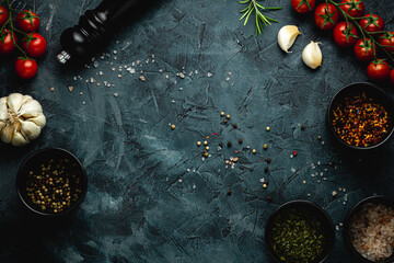 Dark stone kitchen background with spices, herbs and kitchen utensils. Free space for text. Top...