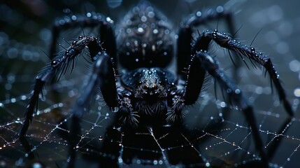 Mystical spider on dewy web - obrazy, fototapety, plakaty