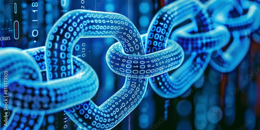 Poster Blockchain Technology: A Digital Chain Comprised of Binary Code, Symbolizing Secure Data Connections and Advanced Cyber Security in a Futuristic, Networked World, Generative AI