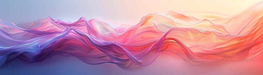 Obraz premium The image is a colorful abstract painting. It has a light purple and blue background. There are several pink and orange wave-like shapes in the foreground.