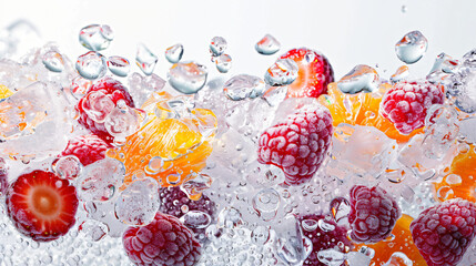Ice with frozen fruits on white background