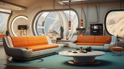 Construct a retro-future living room with vintage tech and futuristic design elements
