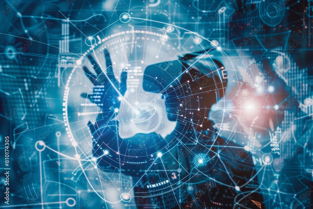 Poster A Man Using a Virtual Reality Headset, Engaging with Holographic Digital Displays in a Futuristic and High-Tech Environment, Generative AI