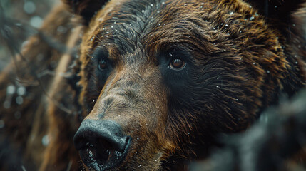 Close-up portrait of a wild brown bear in the forest.