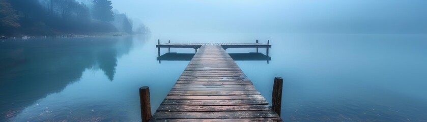Fototapeta premium The image is a photo of a dock extending out into a calm lake on a foggy day