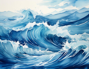 bstract blue watercolor ocean waves with dynamic motion and splash