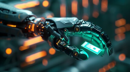 Close-Up of a Microchip Implant, Glowing Teal, Being Inserted into a Synthetic Human Arm