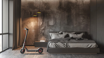 Interior of bedroom with electric scooter and bed