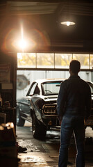 Backlit silhouette of a man in a garage, admiring a vintage automobile, conveying a sense of nostalgia and admiration.
