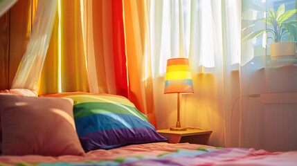 Interior of bedroom with LGBT flag rainbow pillow and