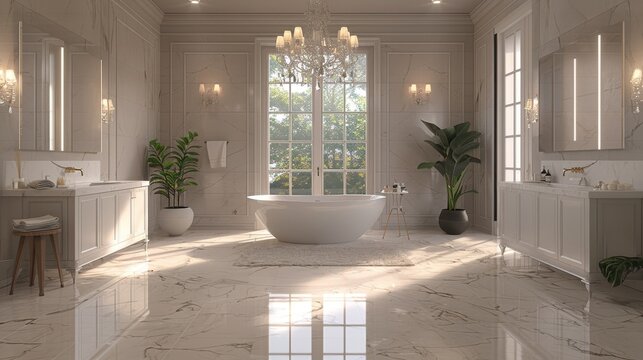 luxurious bathroom featuring marble countertops and a crystal chandelier, elegant interior design concept banner showcasing sophistication