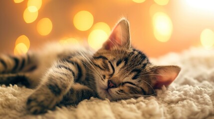 Peaceful kitten sleeping on a cozy blanket with warm bokeh lights and copy space