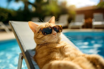 Chill cat in sunglasses lounging by the pool