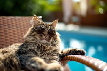 Cat in sunglasses relaxing on a lounger by the pool