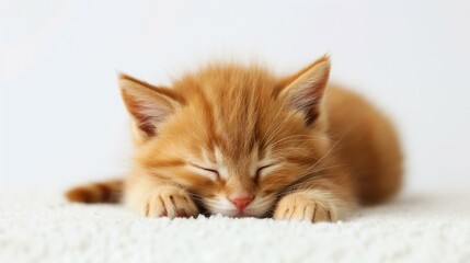Sleeping orange kitten on a soft white blanket with copy space