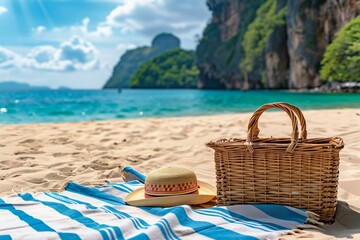 Summer picnic on beach at tropical paradise