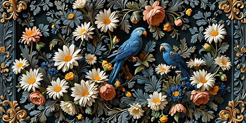 beautiful wallpaper, with blue flowers and daisies in 3D