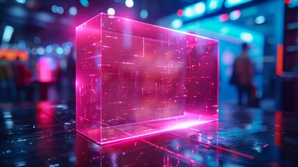 High Definition Capture of a Bright Pink Holographic Display in a Tech Expo, Emphasizing Future Communication Tech
