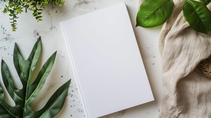 A white hardcover book with blank pages on the cover, placed on an elegant table surface with green leaves and linen cloth beside