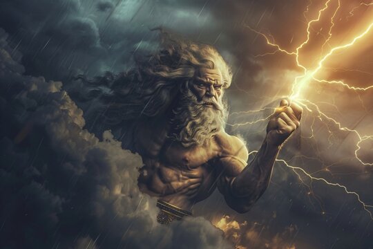 Zeus, the god of thunder and sky, launching a bolt of lightning from the heavens, illuminating the darkness with its intense brightness, while his divine form radiates power amidst the storm clouds