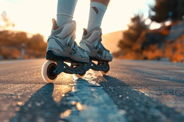 Stunning close-up of roller blades gliding effortlessly on a well-maintained asphalt road in the sunlight - Powered by Adobe