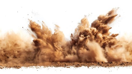 Dry Soil explosion with dirt and cloud smoke. Isolated on white background. Brown Dirty ground abstract spread with flying particles