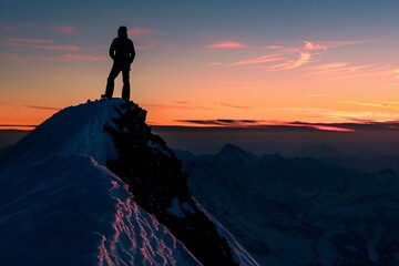 Fototapeta premium Silhouette standing majestically snow peak basking glow sunset majestic top mountain summit nature landscape outdoors twilight dusk horizon panoramic framed distant zoom wide angle