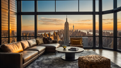 beautiful modern living room with panoramic windows overlooking New York