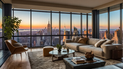 Fototapeta premium beautiful modern living room with panoramic windows overlooking New York