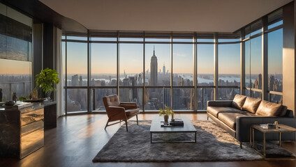 Fototapeta premium luxury modern living room with panoramic windows overlooking New York
