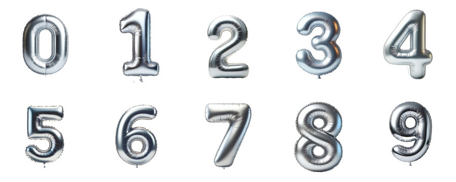 Set of 3D silver foil balloon numbers (0-9). Realistic metallic typography for birthday, anniversary, and New Year party decorations. Isolated on white background.