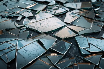 Shards of broken mirror scattered on a dark surface, capturing fragmented reflections