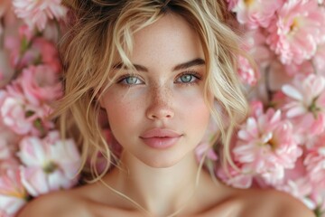 Naklejka premium A charming portrait of a young woman with soft pink flowers framing her face