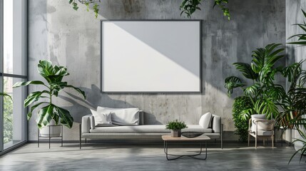 Modern living room interior with a blank poster on the wall, plants, and furniture on a concrete background, mockup concept. Generative AI realistic