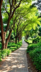 Pathway flanked by trees and grass on both sides