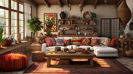 Create a global-inspired living room with cultural artifacts and vibrant textiles