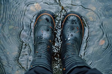 Overhead close-up of rubber boots submerged in water