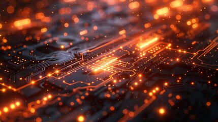 Obraz premium flowing circuit lines and particles on dark backdrop, futuristic tech concept representing data and communication