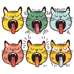 Six colorful cartoon cats exaggerated expressions, tongues out, eyes closed. Vibrant colors, humorous cat faces, feline emotions quirky style. Six feline characters, various hues