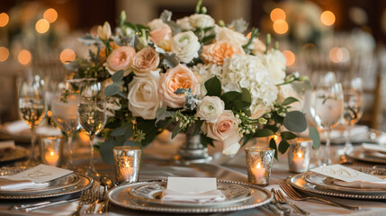 elegant table decor, elegant table settings enhanced by golden calligraphy table numbers and place cards presented on shimmering silver chargers for a luxurious feel