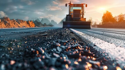 High Resolution View of a Jet Black Asphalt Paver on a New Road, Urban Development in Focus