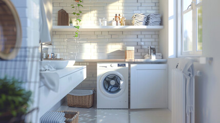 Interior of light laundry room with washing machine si