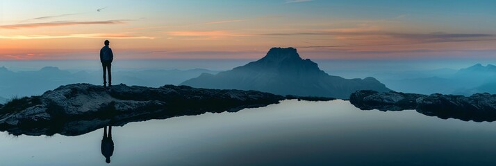 Lone figure mountain zenith outlined fading sunlight silent witness reflection peace